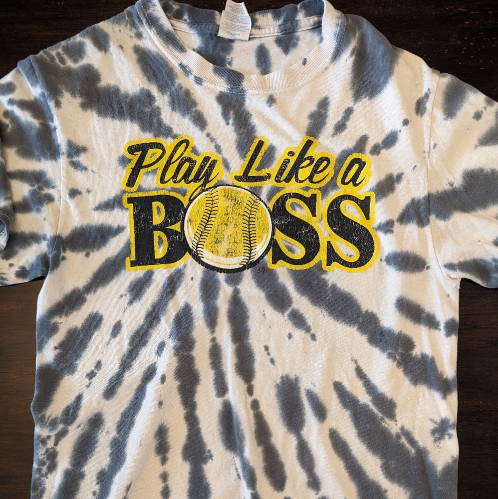 Softball/fastpitch tee, Play Like a Boss, women's size small, black/gray tie dye